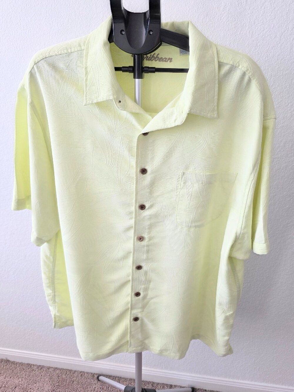 CARIBBEAN MENS 3XB LEMON YELLOW SHORT SLEEVE JACQUARD WOVEN FLORAL DESIGN SHIRT